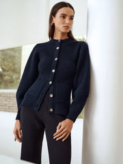 Button-Front Crew Neck Ribbed Knit Cardigan