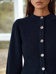 Button-Front Crew Neck Ribbed Knit Cardigan