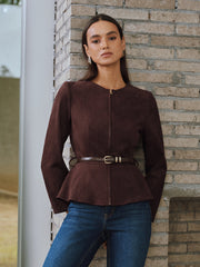 Belted Suede Effect Zipper Jacket