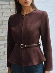 Belted Suede Effect Zipper Jacket