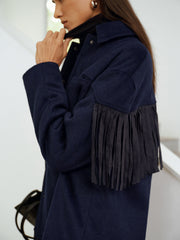 Fringe Detail Wool-Blend Collared Coat