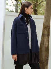 Fringe Detail Wool-Blend Collared Coat