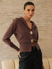 Metal Button Shawl Collar Knit Top