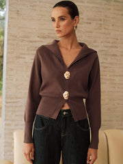 Metal Button Shawl Collar Knit Top