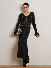 Belted V-Neck Flared Sleeve Maxi Dress