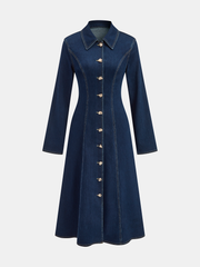 Metal Button Collared Denim Flare Dress