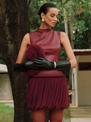 Faux Leather Mock Neck Bubble Mini Dress