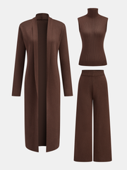 Three-Piece Knit Turtleneck Top Cardigan Pants Set