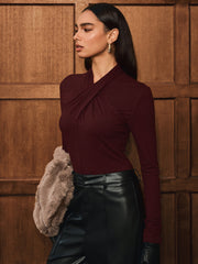 Cross Neck Long Sleeve Knit T-Shirt