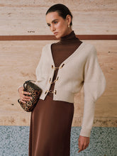 Puff Sleeve Chain Closure Knit Cardigan