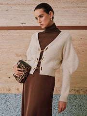 Puff Sleeve Chain Closure Knit Cardigan