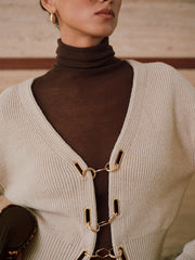 Puff Sleeve Chain Closure Knit Cardigan