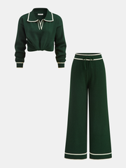 Knitted Contrast Trim Polo Top and Pants Set