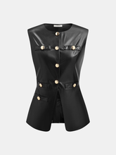 Metal Button Faux Leather Sleeveless Vest