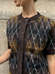Argyle Pattern Short Sleeve Knit Cardigan