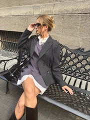 Pinstripe Wool-Blend Belted Blazer