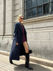 Striped Double-Breasted Long Tweed Coat