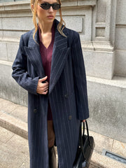 Striped Double-Breasted Long Tweed Coat
