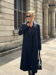 Striped Double-Breasted Long Tweed Coat