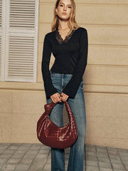 Lace Trim V-Neck Long Sleeve Top