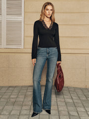 Lace Trim V-Neck Long Sleeve Top