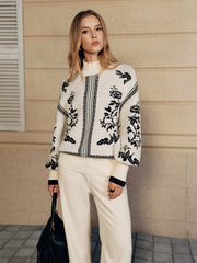 Floral Pattern Mock Neck Balloon Sleeve Sweater