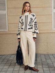 Floral Pattern Mock Neck Balloon Sleeve Sweater