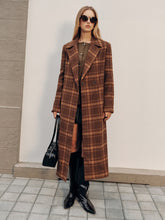 Belted Plaid Long Tweed Coat