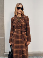 Belted Plaid Long Tweed Coat