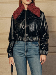 Faux Fur Collar Cropped PU Leather Jacket