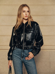 Faux Fur Collar Cropped PU Leather Jacket