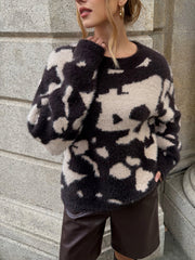 Cow Print Fuzzy Crew Neck Sweater
