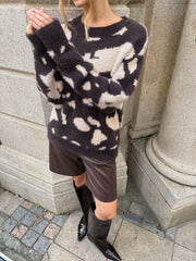 Cow Print Fuzzy Crew Neck Sweater