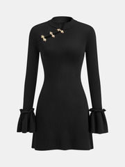 Mandarin Collar Bell Sleeve Metal Detail Knit Dress