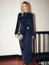 Metal Detail Long-Sleeve Ruched Maxi Dress