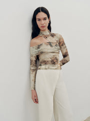 Tie-Dye Mesh One-Shoulder Long Sleeve Top