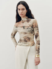 Tie-Dye Mesh One-Shoulder Long Sleeve Top