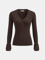 Flared Cuff Ribbed Knit Henley Top