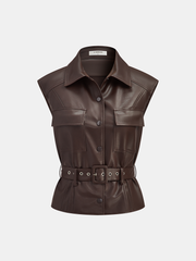Collared Belted Faux Leather Vest