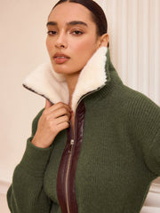 Faux Fur Collar Zip-Front Knit Outerwear