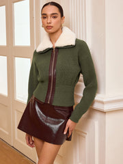 Faux Fur Collar Zip-Front Knit Outerwear