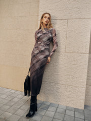 Long Sleeve Plaid Mesh Ruched Maxi Dress