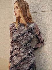 Long Sleeve Plaid Mesh Ruched Maxi Dress