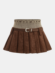 Belted Corduroy Pleated Mini Skirt with Knit Waistband