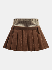 Belted Corduroy Pleated Mini Skirt with Knit Waistband
