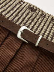 Belted Corduroy Pleated Mini Skirt with Knit Waistband
