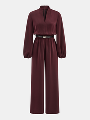 Belted V-Neck Satin Jumpsuit