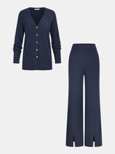 Knit V-Neck Cardigan and Slit Pants Set
