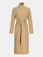 Belted Metal Button Stand Collar Longline Coat