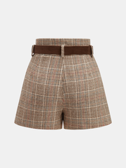 Belted High-Waist Houndstooth Tweed Shorts